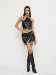 Sequin Halter Contrasting Binding Tank Top & Low Rise Mini Skirt