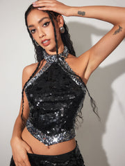Sequin Halter Contrasting Binding Tank Top & Low Rise Mini Skirt