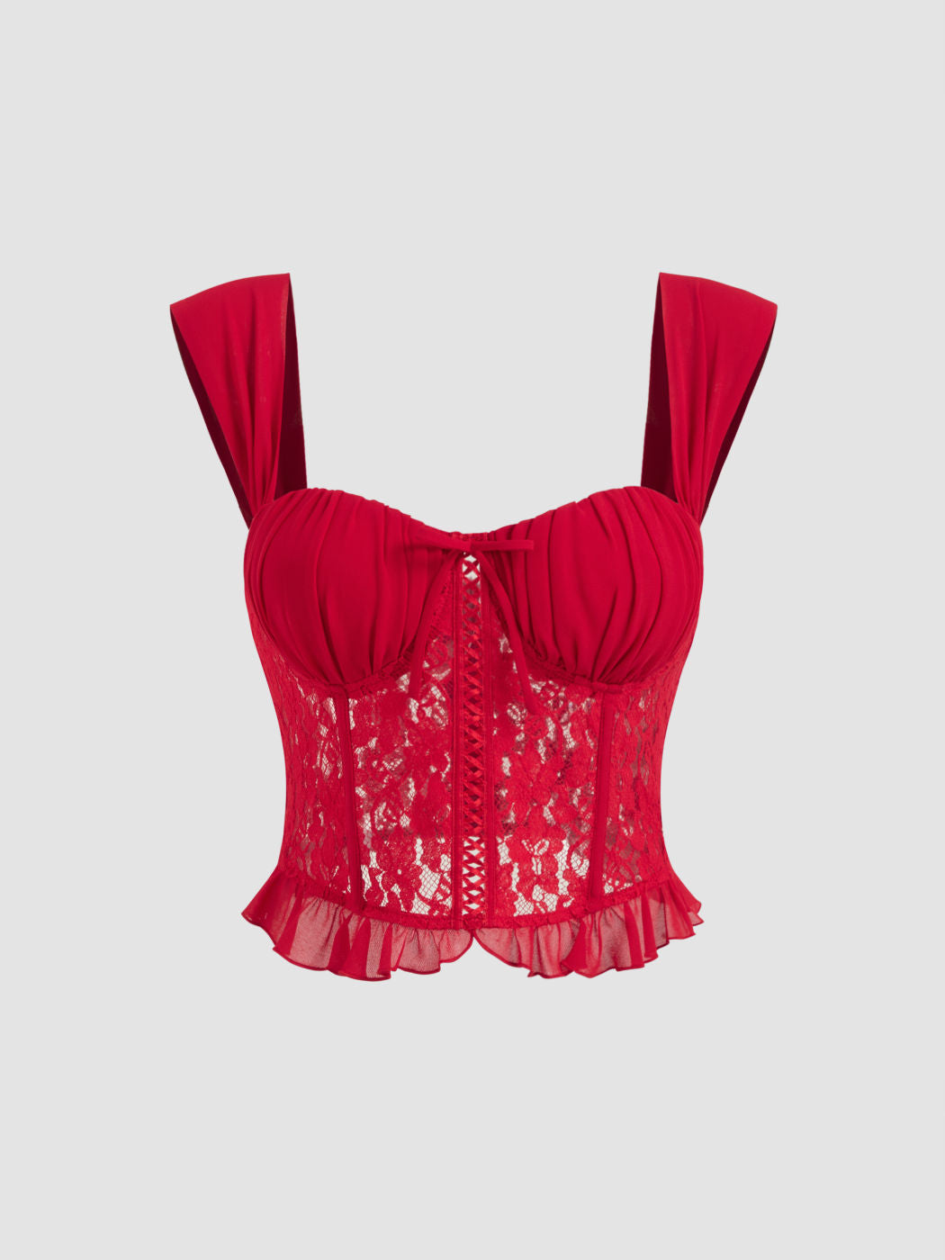Lace Bowknot Lettuce Trim Corset Crop Tank Top