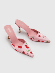 CHERRY PATTERN POINTED TOE SATIN HEELS