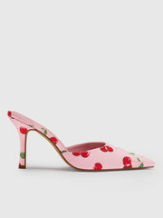 CHERRY PATTERN POINTED TOE SATIN HEELS