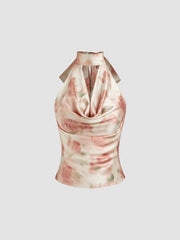 Satin Halter Floral Bowknot Tank Top & Cotton Mid Rise Floral Embroidery Midi Skirt