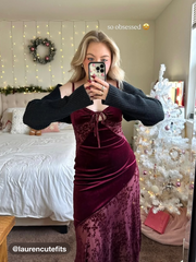 Velvet V-neck Floral Cut Out Knotted Midi Dress
