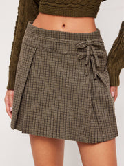 Jacquard Mid Rise Gingham Bowknot Pleated Mini Skirt