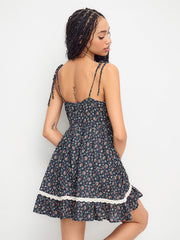 100% Cotton Sweetheart Floral Knotted Tiered Mini Dress