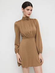 High Neck Solid Ruched Zipper Mini Dress