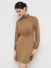 High Neck Solid Ruched Zipper Mini Dress