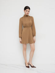 High Neck Solid Ruched Zipper Mini Dress