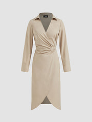 100% Cotton V-neck Ruched Knotted Wrap Midi Dress