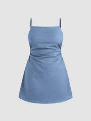 Linen Cotton Solid Ruched Zipper Mini Dress Curve & Plus