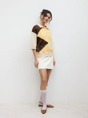 Knit Polo Argyle Colorblock Oversized Mid-length Sleeve Top