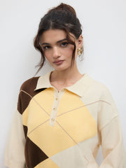 Knit Polo Argyle Colorblock Oversized Mid-length Sleeve Top