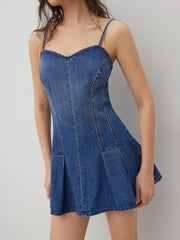 Denim Sweetheart Neckline Pleated Mini Dress