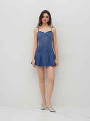 Denim Sweetheart Neckline Pleated Mini Dress