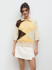 Knit Polo Argyle Colorblock Oversized Mid-length Sleeve Top