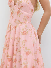 Mesh Halter Neckline Floral Ruffle Midi Dress