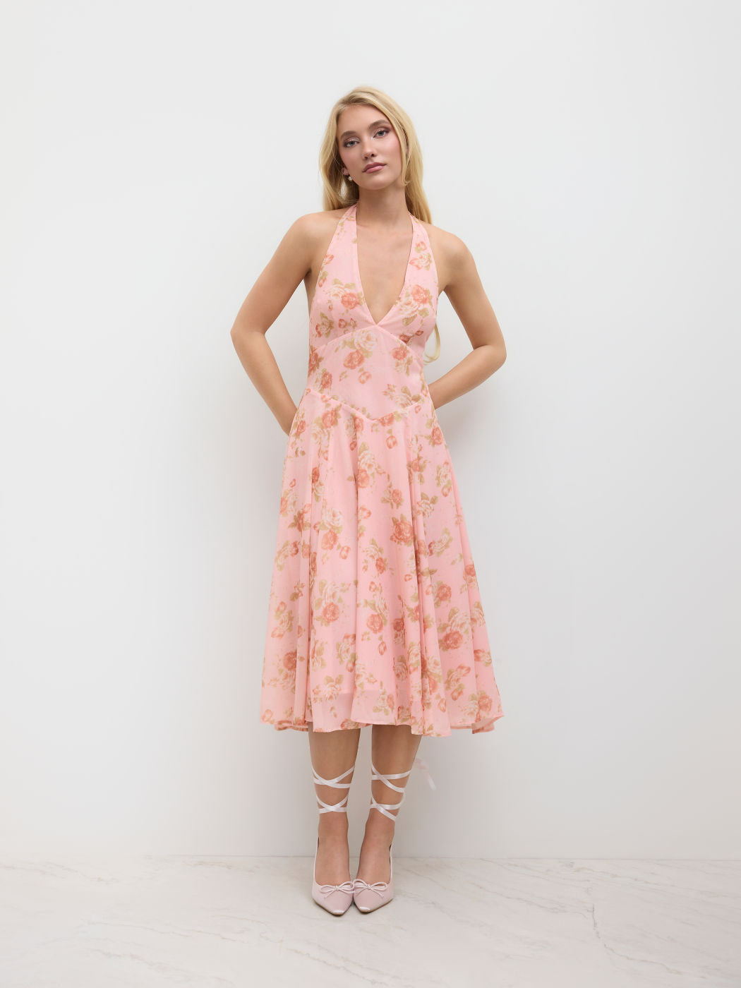 Mesh Halter Neckline Floral Ruffle Midi Dress