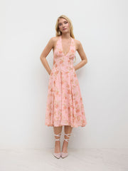 Mesh Halter Neckline Floral Ruffle Midi Dress