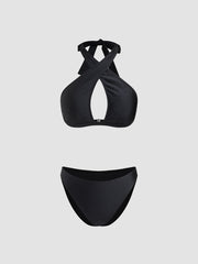 Halter Neckline Criss Cross Cut Out Cheeky Bikini Set