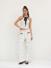 Tweed Mid Rise Check Pocket Wide Leg Trousers