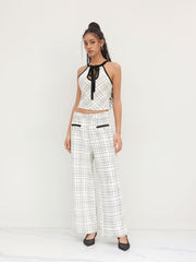 Tweed Mid Rise Check Pocket Wide Leg Trousers