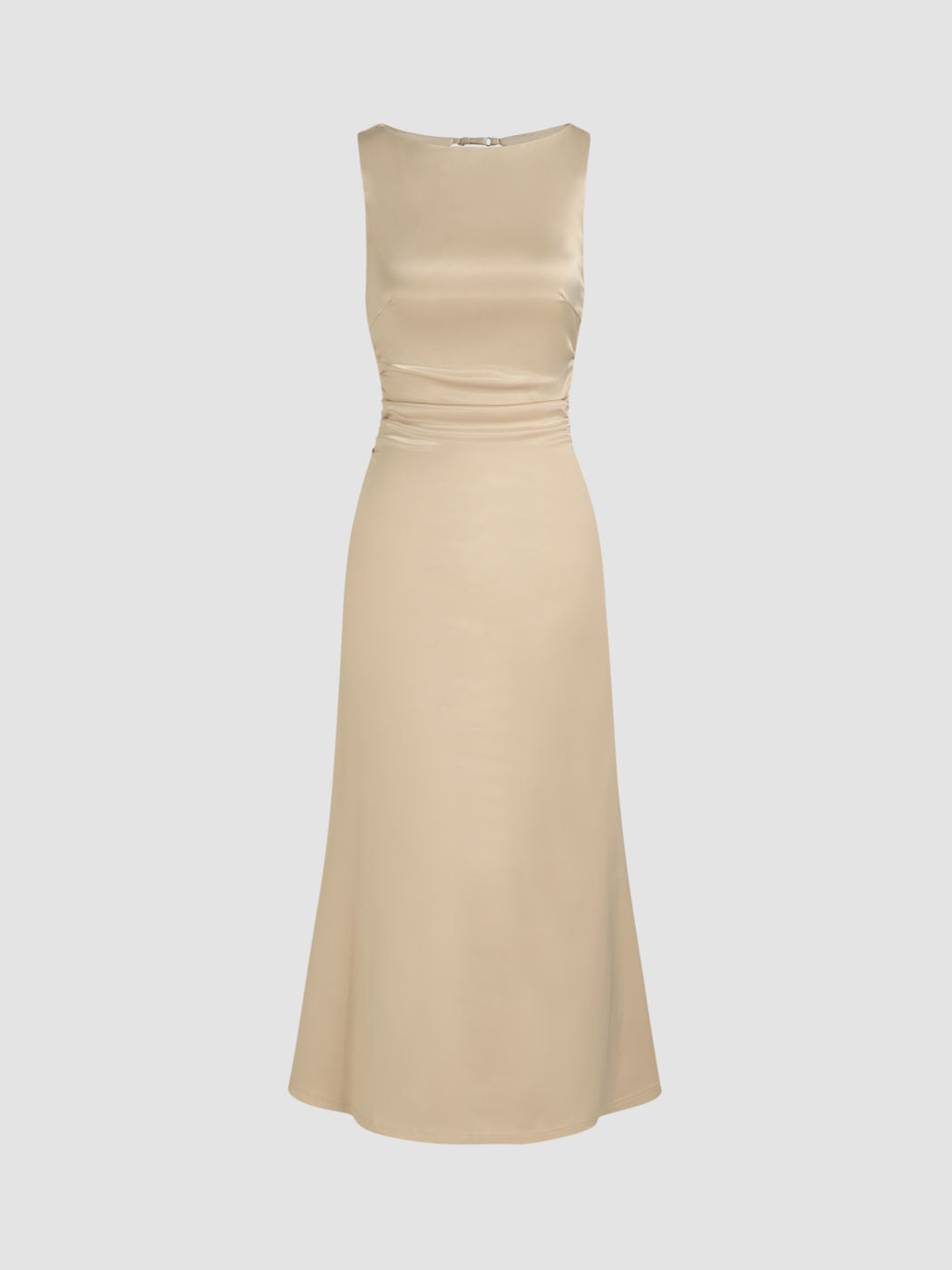Satin Boat Neck Backless Ruched Maxi Dress