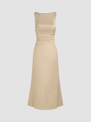 Satin Boat Neck Backless Ruched Maxi Dress