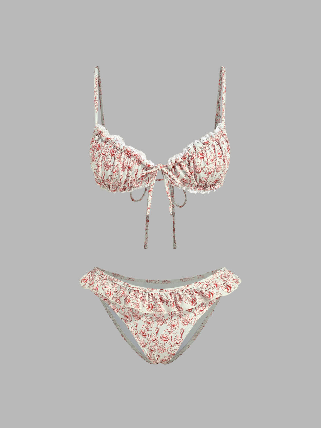 V-neck Floral Lettuce Trim Bracelet Cheeky Bikini Set