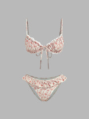 V-neck Floral Lettuce Trim Bracelet Cheeky Bikini Set