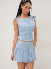 Cotton Boat Neck Embroidery Floral Bowknot Tank Top