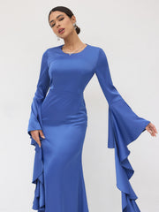 Satin Ruffle Hem Sleeve Maxi Dress