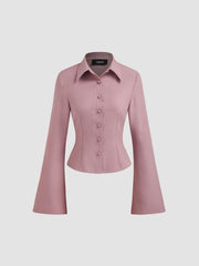 Collar Striped Cinched Waist Bell Sleeve Shirt