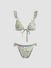 Floral Ruffle Hem Bowknot Bikini Set