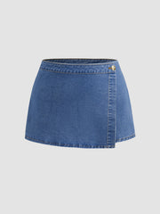 High Stretch Denim Mid Rise Wrap Micro Mini Skort Curve & Plus