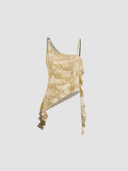 Asymmetrical Neck Floral Ruffle Hem Beaded Crop Cami Top