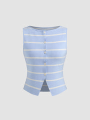 Knit Boat Neck Striped Button Split Vest