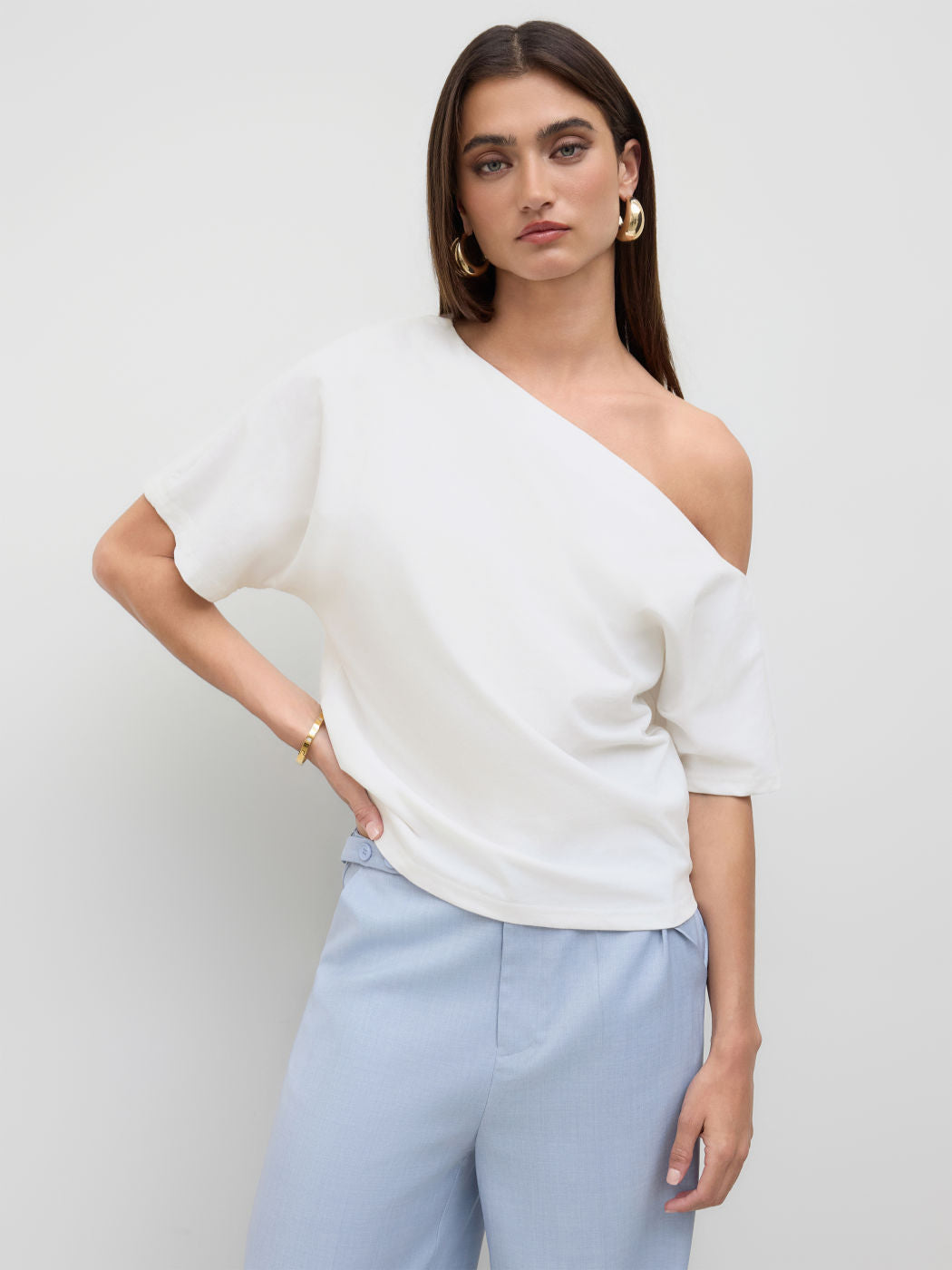 Cotton-blend Asymmetrical Neck Ruched Tee