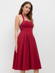 Linen-blend Halter Neckline Knotted Ruffle Midi Dress