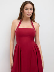 Linen-blend Halter Neckline Knotted Ruffle Midi Dress