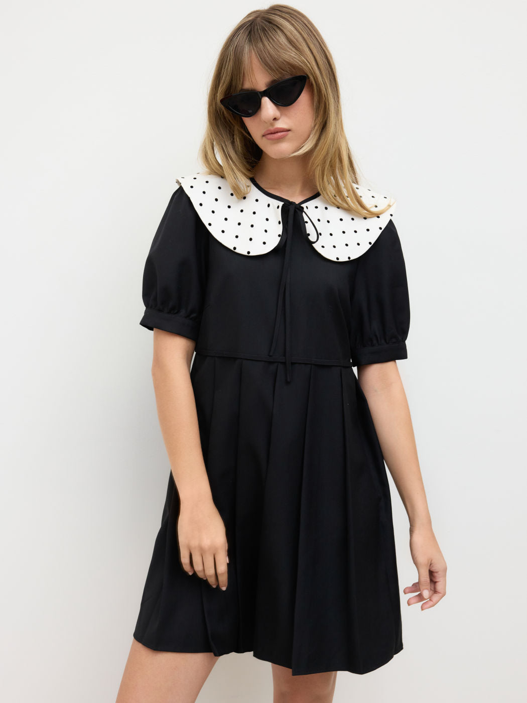 Pleated Mini Dress With Detachable Polka Dot Peter Pan Collar