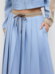 Mid Rise Knotted Contrasting Binding Pleated Midi Skirt