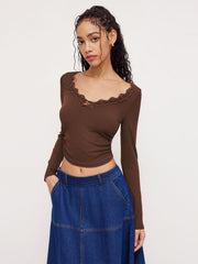 V-neck Solid Bowknot Lace Ruched Long Sleeve Crop Top