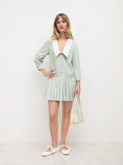 V-neck Pleated Three-quarter Sleeve Mini Dress