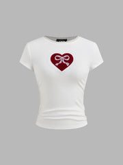 Cotton-blend Bowknot Heart Lace Trim Ruched Tee