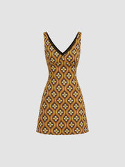 V-neck Geometric Zipper Mini Dress