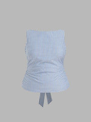 Cotton-blend Boat Neck Stripe Bowknot Tank Top Curve & Plus