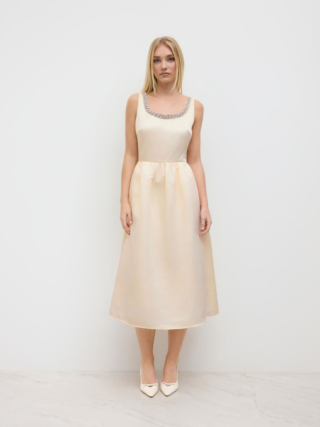 Satin Square Neck Rhinestone Maxi Dress
