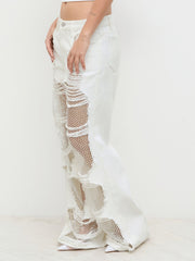 Denim Low Rise Ripped Hollow Out See-through Wide Leg Jeans