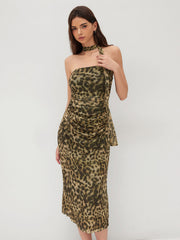 Mesh Leopard Ruched Bandeau Maxi Dress With Scarf