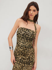 Mesh Leopard Ruched Bandeau Maxi Dress With Scarf